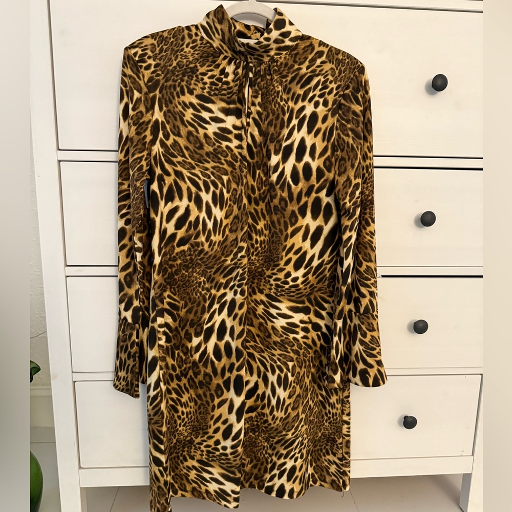 INC International Concepts Leopard Print Long Sleeve Dress in Brown and Black